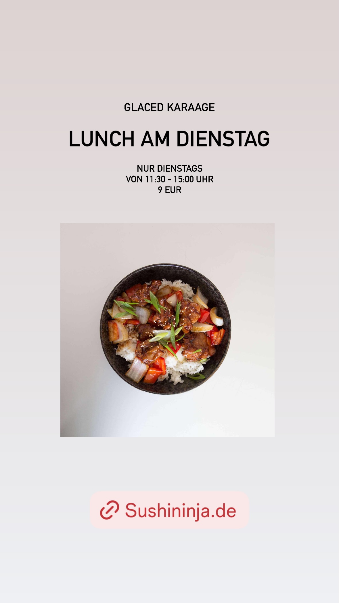 LUNCH AM DIENSTAG NUR DIENSTAGS
VON 11:30 - 15:00 UHR
9 EUR GLACED KARAAGE